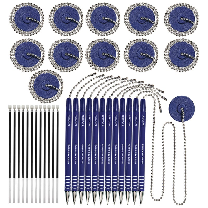 Nadex Ball and Chain Security Pen Set | 12 Pens, 12 Adhesive Mounts, and 12 Refills (Blue) - Image 1